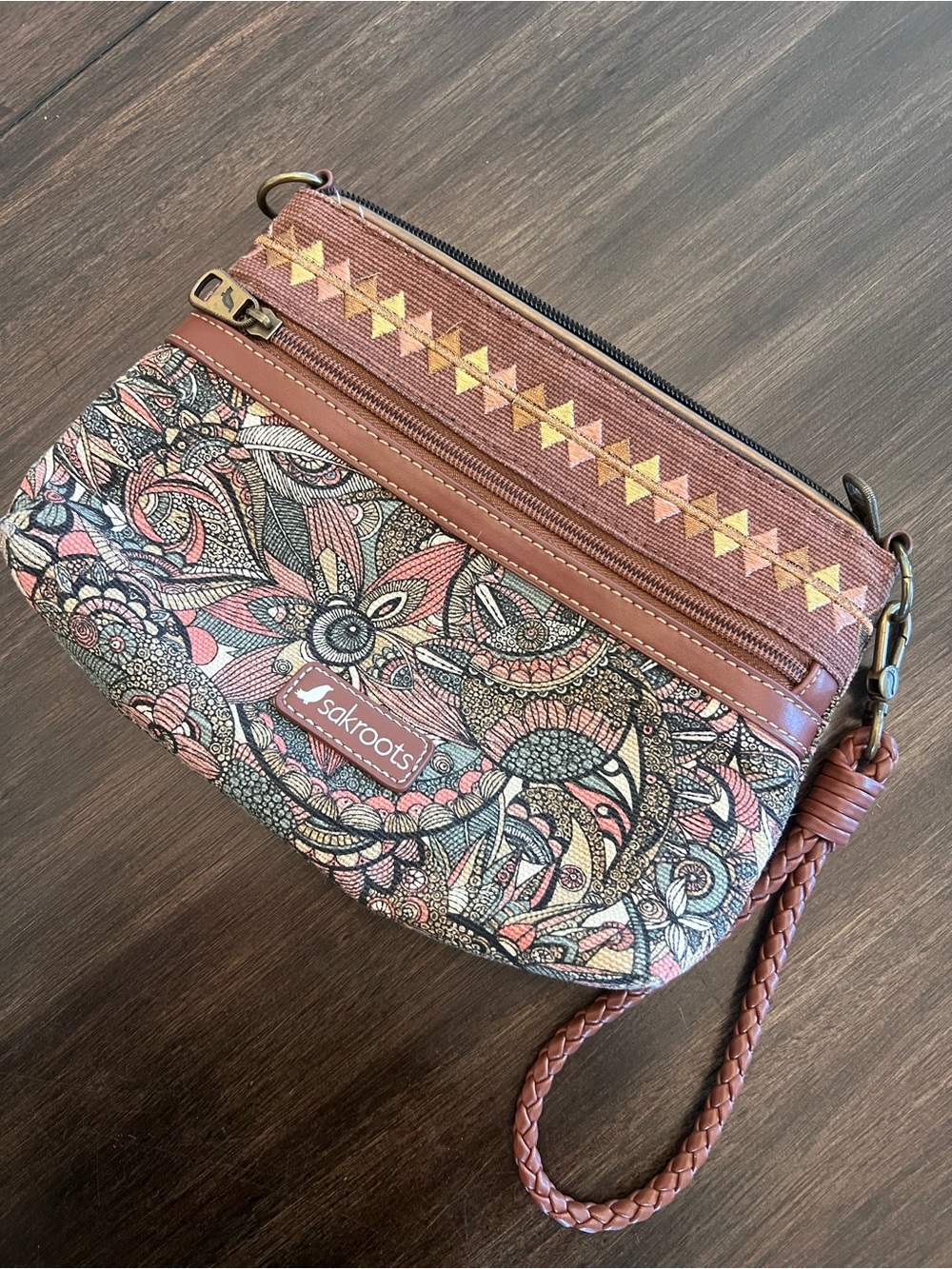 Sakroots Brown and Pink Floral Wristlet with Braided Strap
